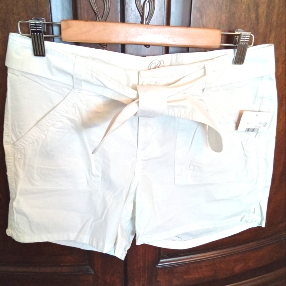 BUM Equipment Women's White Cotton Shorts with Pockets, Front Tie Belt Small